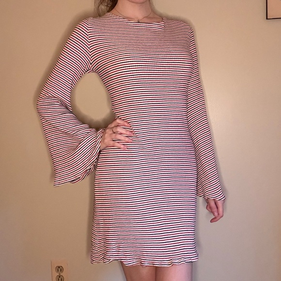 Handmade Dresses & Skirts - Striped Bell-Sleeve Knit Dress in Red and White